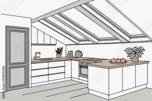 A modern kitchen with wood countertops, herbs, and apples under a bright skylight showcases stylish design, modern flat illustration style