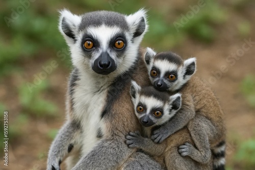 A mother lemur with her two playful cubs in a serene natural setting