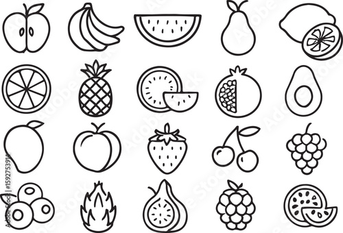 Assorted fresh fruit icons in minimalist black line art apple banana