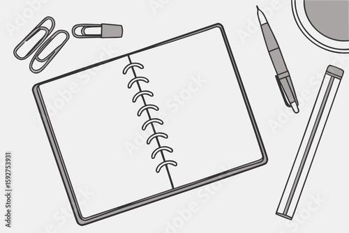 A blank spiral notebook lies on a desk in a flatlay setup with office stationery and neutral textures, modern flat illustration style