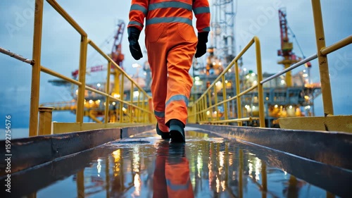 Oil rig worker in orange protective suit walking on wet platform at offshore industrial site.