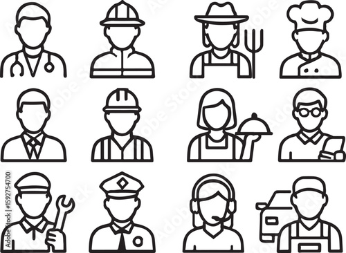 Diverse professions represented by minimalist line art icons doctor firefighter