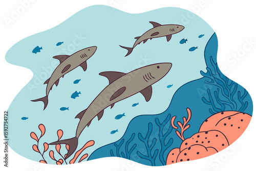 A flurry of nurse sharks stirs the sea into motion, creating a wild underwater frenzy, modern flat illustration style