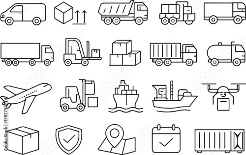 Diverse transportation and logistics icons truck airplane