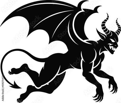 A fearsome black gargoyle demon creature with wings and horns silhouette design