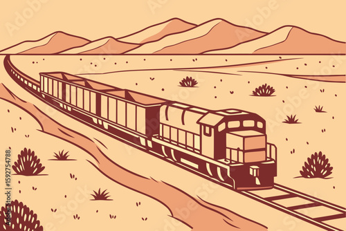 A freight train hauls iron ore through the vast outback, symbolizing heavy industry and remote transport, modern flat illustration style