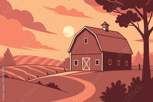 A peaceful red barn glows in the warm hues of sunset over a serene countryside, captured in modern flat illustration style