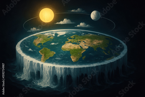 Fototapeta Naklejka Na Ścianę i Meble -  Flat Earth depiction shows continents surrounded by icy edges and orbiting sun