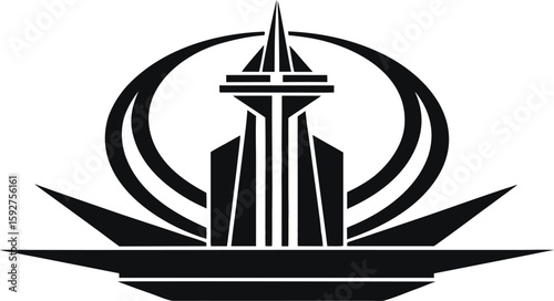 Black abstract geometric tower with circular and pointed elements on white background architecture