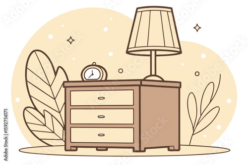 Wooden nightstand with warm cozy hotel room blur and bokeh lighting in background, perfect for product showcase, modern flat illustration style