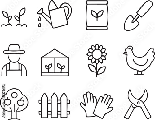 Gardener farmer watering can seeds shovel greenhouse chicken apple tree fence gloves pruning shears