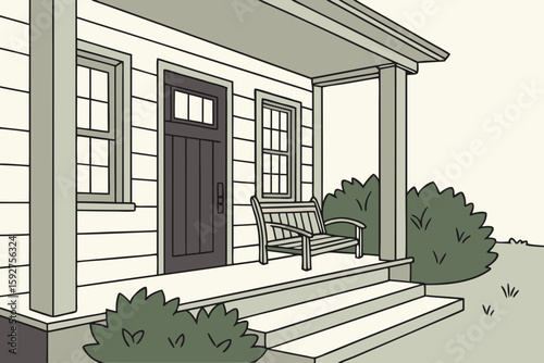 Peaceful house porch featuring dark door, cozy bench, and green shrubs in a welcoming natural setting in modern flat illustration style.