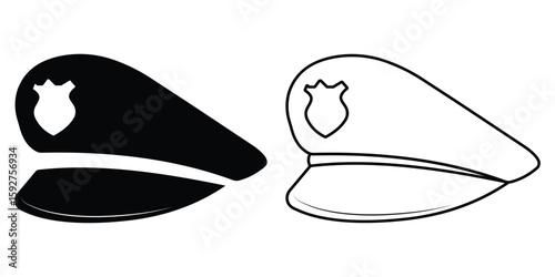 Silhouette of police cap vector symbol with outline. Police cap icons vectors design. Uniform of police,  military cap service vector illustration.