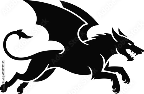 Fierce and mythical black gryphon silhouette in mid flight with wing display