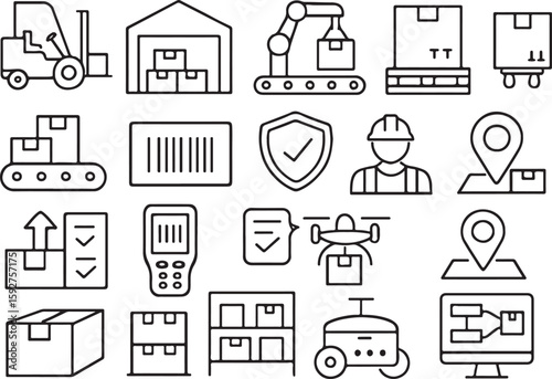 Logistics and delivery icons for warehouse operations forklift conveyor belt