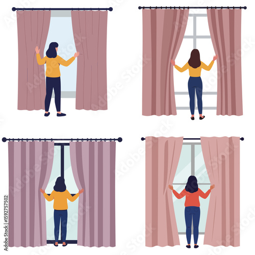 Woman closing curtains in different positions at window indoors, white background, vector 