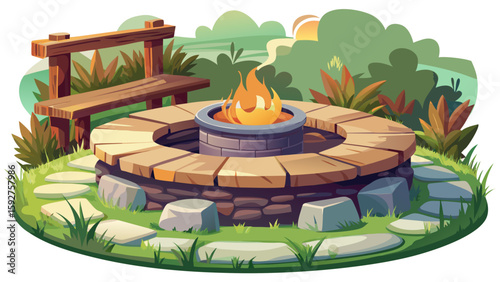 Circular stone fire pit with wooden benches around in grassy backyard. Perfect for evening hangouts