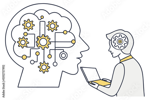 Fusion of machine learning visuals with human brain elements forming a shared neural tech ecosystem in modern flat illustration style.