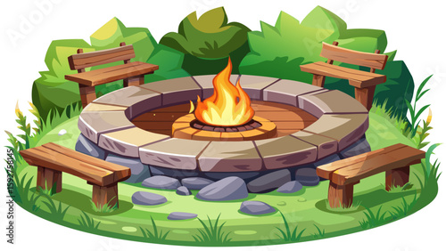Circular stone fire pit with wooden benches around in grassy backyard. Perfect for evening hangouts