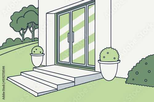 Home entry with a large glass door and decorative potted plants, radiating clean modern curb appeal in modern flat illustration style.