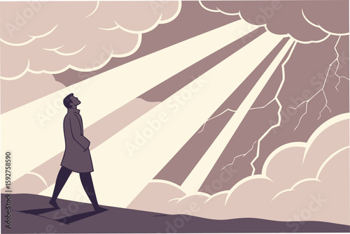 Lone figure stands beneath radiant beams of light breaking through dramatic skies, evoking spirituality and awe in modern flat illustration style.