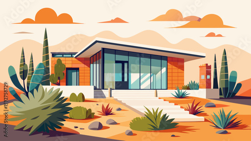 Minimalist home exterior with flat roof, wide glass windows, and desert landscaping