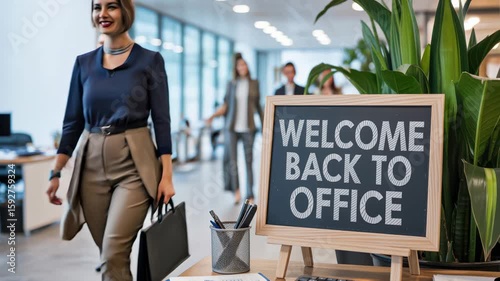 Business team returning to office with welcome back sign on desk in modern workplace environment.