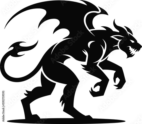 Silhouetted illustration of a menacing mythological winged creature with sharp claws and fangs