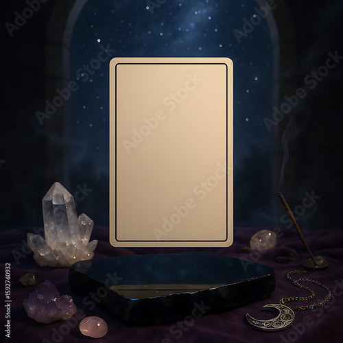 A blank tarot card mockup floats above a velvet table scattered with crystals, incense, and a silver moon pendant.