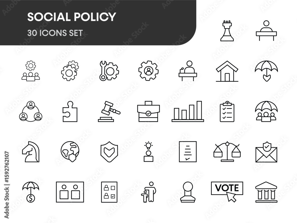 Fototapeta premium Social Policy UI icon set outline vector. icons related to education, reform, services, welfare, health care, legislation, and more. Social Policy black UI Icon set in line style.
