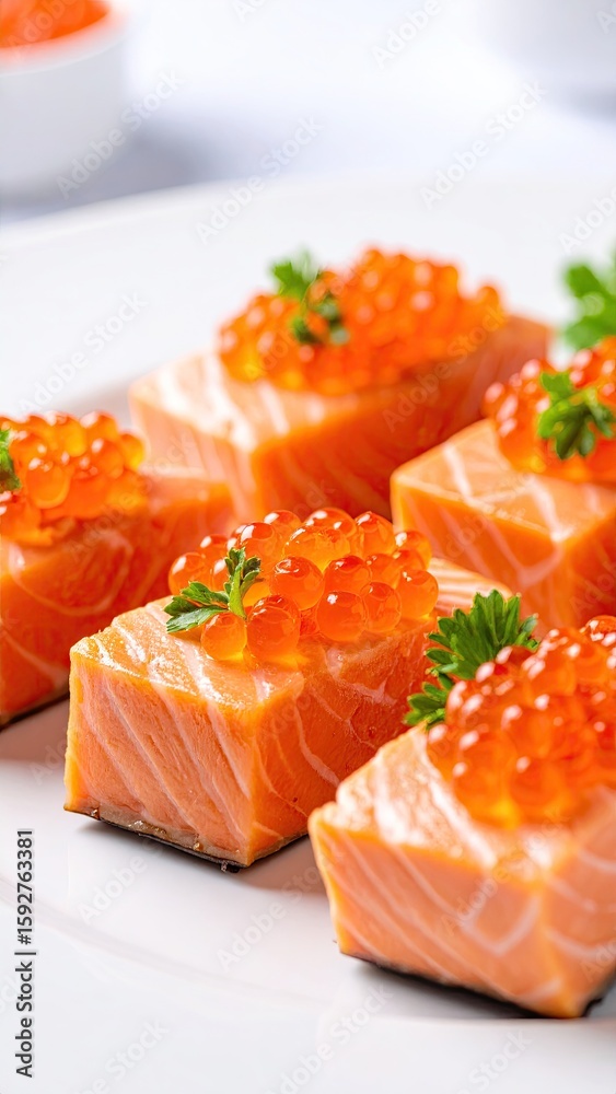 Salmon cubes topped with caviar Salmon cubes topped with caviar