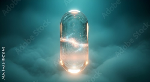  A glowing, futuristic medical capsule floats mystically within a hazy, ethereal fog, symbolizing a revolutionary breakthrough in medicine and the powerful