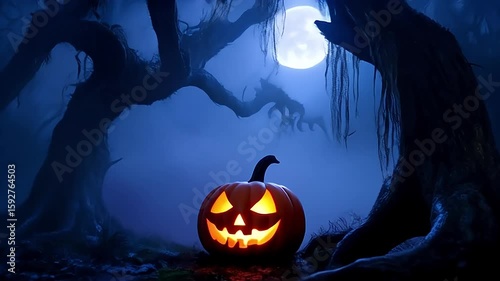 Halloween pumpkin in a spooky forest at night