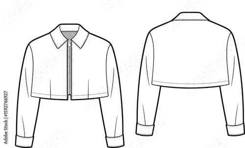 Stylish cropped jacket fashion illustration, long sleeves with cuffs, front zipper design, modern outerwear sketch, trendy wardrobe essential concept