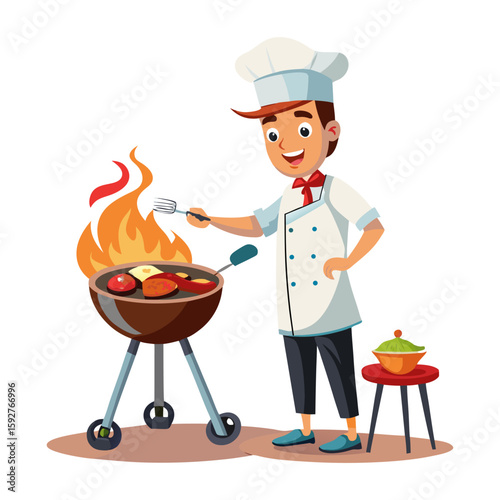 Chef in white uniform grilling over open fire