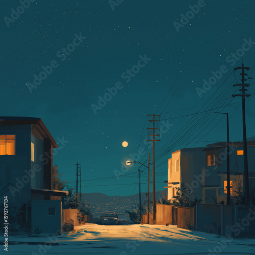 Quiet Suburban Night Scene with Starry Sky and Warmly Lit Homes