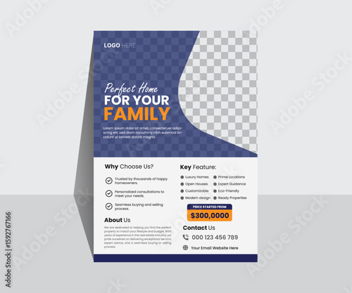 Modern Real Estate Flyer Template – Professional Home for Sale Brochure, Blue and Orange Property Promotion, Editable Vector Design