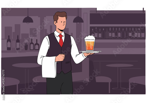 A bartender serves a customer a beer in a stylish bar. Professional, inviting, and well-lit, perfect for commercial use.