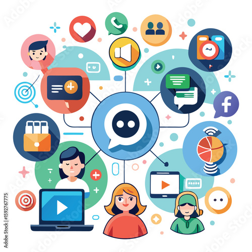 Colorful illustration of online communication and social interaction featuring various digital icons and people