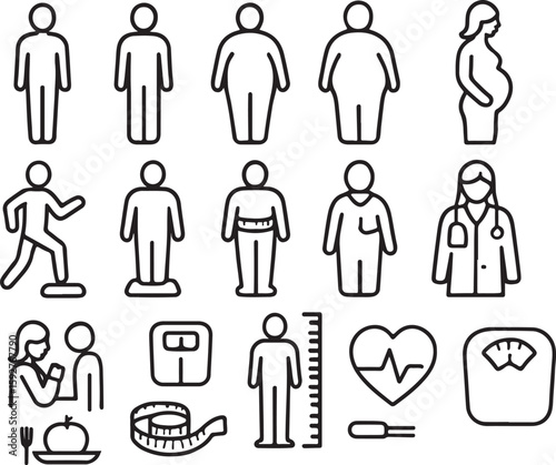Human body types and health measurement icons human figures body mass
