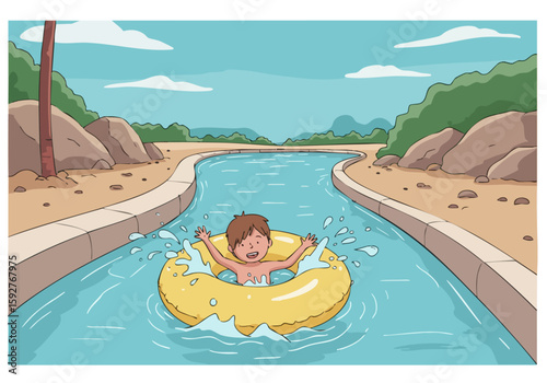boy joyfully splashes down a river rapid in a yellow inflatable ring Vibrant colors and a playful scene evoke summer fun and outdoor adventure Perfect for summer recreation and family themes