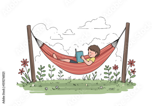 A young boy relaxes in a hammock, reading a book outdoors. A peaceful scene with flowers and a sunny sky. Perfect for summer, relaxation, and reading themes.