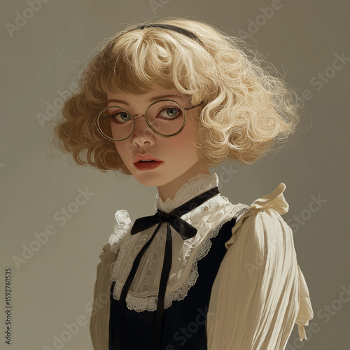 Retro Portrait of a Young Woman in Vintage Attire with Glasses and Curly Blonde Hair