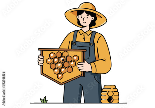 A cheerful beekeeper harvests honey from a honeycomb, showcasing a rustic, natural aesthetic. Perfect for food, lifestyle, and agricultural themes.