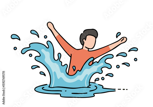 A joyful man splashes in water at a waterpark, experiencing pure splash joy. Vibrant colors and dynamic action capture summer fun.
