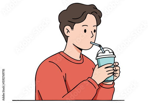 A young man enjoys a refreshing drink, showcasing a cool and relaxed moment. Simple, clean illustration style.
