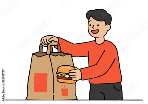 A young man happily receives a fast food bag, radiating joy. Simple, clean illustration style. Perfect for food, happiness, and delivery themes.