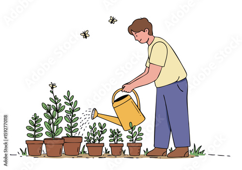 A young man waters plants in a garden, symbolizing growth and flourishing. A charming, soft illustration with a pastel color palette. Perfect for lifestyle and wellness themes.
