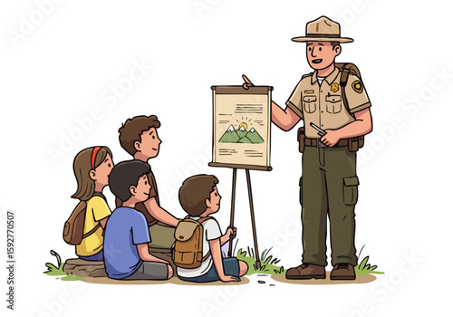 park ranger teaches children about conservation pointing to a map Bright friendly illustration with a focus on environmental stewardship Ideal for educational and nature-themed content