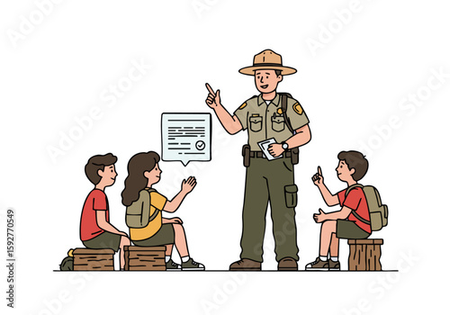 A park ranger teaches children about nature, fostering stewardship. Bright, friendly illustration with a clear composition. Ideal for educational and environmental themes.